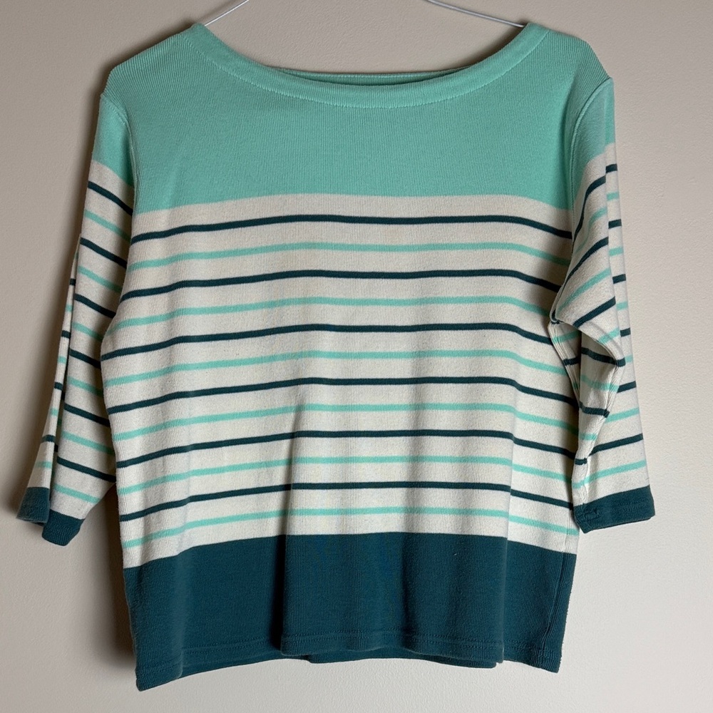 L.L. Bean Women's Green Creme Striped Boatneck 3/4 Sleeve Sweater Size XL